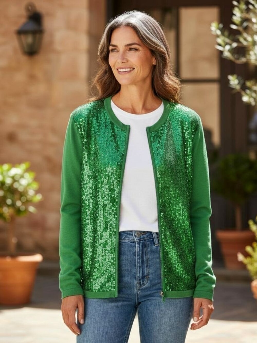 Quacker Factory Glamour & Shine Green Sequin Zip Front Cardigan Sweater Womens L